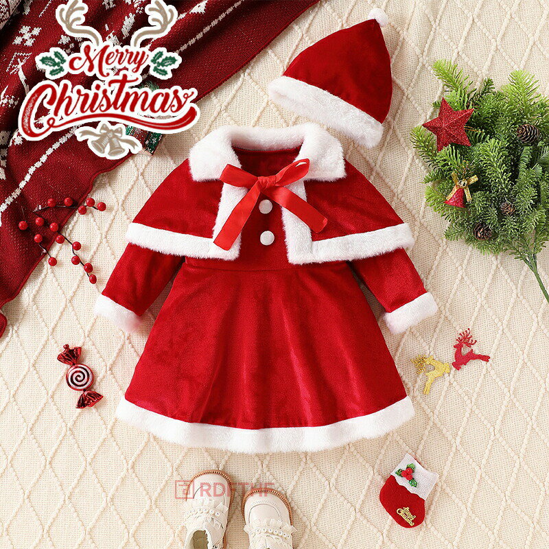 クリスマス コスチューム 子供 赤ちゃん ベビー服 サンタ ロンパース 衣装 ベビー服 2点セット 帽子付き ワンピース 長袖 もこもこ 女の子 ベビー 新生児 赤ちゃん服 可愛い 赤 レッド クリスマス 服 冬 プレゼント 送料無料