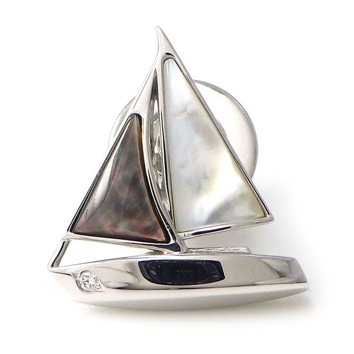 ミキモト MIKIMOTO ピンブローチ ヨット モチーフ ホワイト シェル ブラック シェル K18WG 黒 白 【中古】