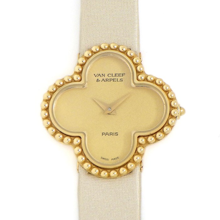 【★最終お値引き品】 ヴァンクリーフ＆アーペル Van Cleef & Arpels 腕時計 アルハンブラ 122974 サンドブラスト 梨地 シャンパンゴールド文字盤 K18YG ベージュ サテン/レザー ベルト クオーツアナログ 【箱・保付き】 【中古】
