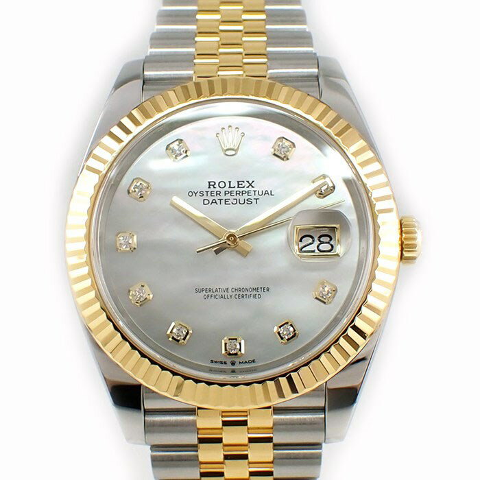 ロレックス Rolex 腕時計 オイスター パーペチュアル デイトジャスト 41 126333NG ランダムシリアル 10ポイント ダイヤモンド インデックス ホワイトシェル文字盤 フルーテッドベゼル ジュビリーブレス オイスタースチール SS K18YG 自動巻き  