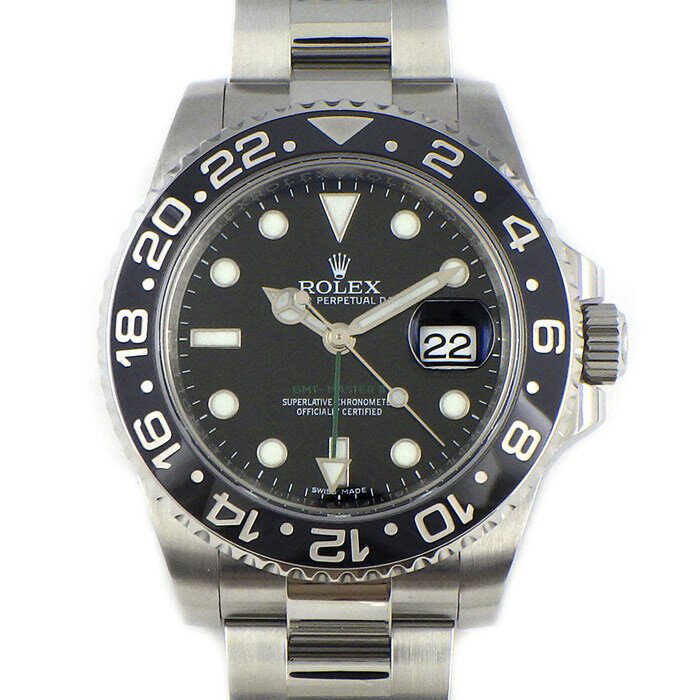 【P2倍＆2％OFFクーポン配布中】 ロレックス Rolex 腕時計 GMTマスター2 116710LN ルーレット刻印 デイト 夜光インデックス/針 回転ブラックベゼル ブラック文字盤 黒 オイスターブレス オイスタースチール SS 自動巻き 【箱・保付き】 【中古】