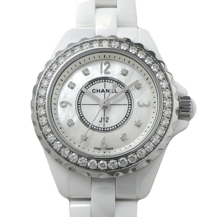 シャネル CHANEL 腕時計 J12 H2572 40ポイント ダイヤベゼル 8ポイント ダイヤインデックス ホワイトシェル文字盤 ホワイト セラミック SS クオーツアナログ 【箱・保付き】 【中古】