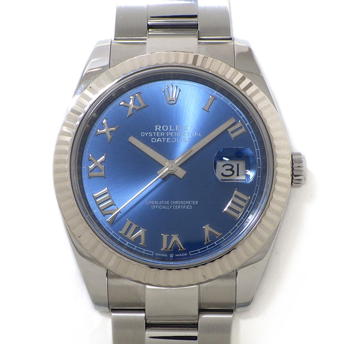【30日限定★ポイント3倍】 ロレックス Rolex 腕時計 デイトジャスト 41mm 126334 ルーレット刻印 ランダムシリアル フルーテッドベゼル ローマンインデックス サンレイ アズーロ ブルー文字盤 オイスターブレス SS K18WG 自動巻き 【中古】