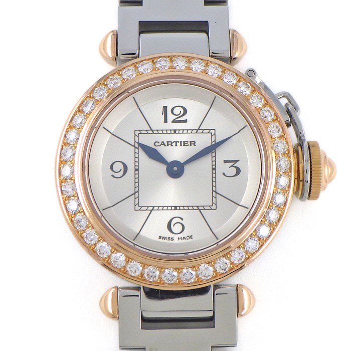 【20日限定★ポイント3倍】 カルティエ Cartier 腕時計 ミス パシャ WJ124021 ダイヤベゼル サンレイ シルバー文字盤 K18PG SS クオーツアナログ 【中古】