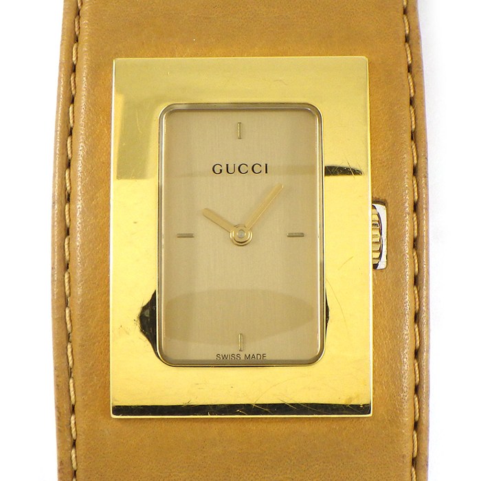 【20日限定★ポイント3倍】 グッチ GUCCI 腕時計 バングルウォッチ スクエア 7800L レクタンギュラー シャンパンゴールド文字盤 GP ブラウン レザーベルト クオーツアナログ 【中古】