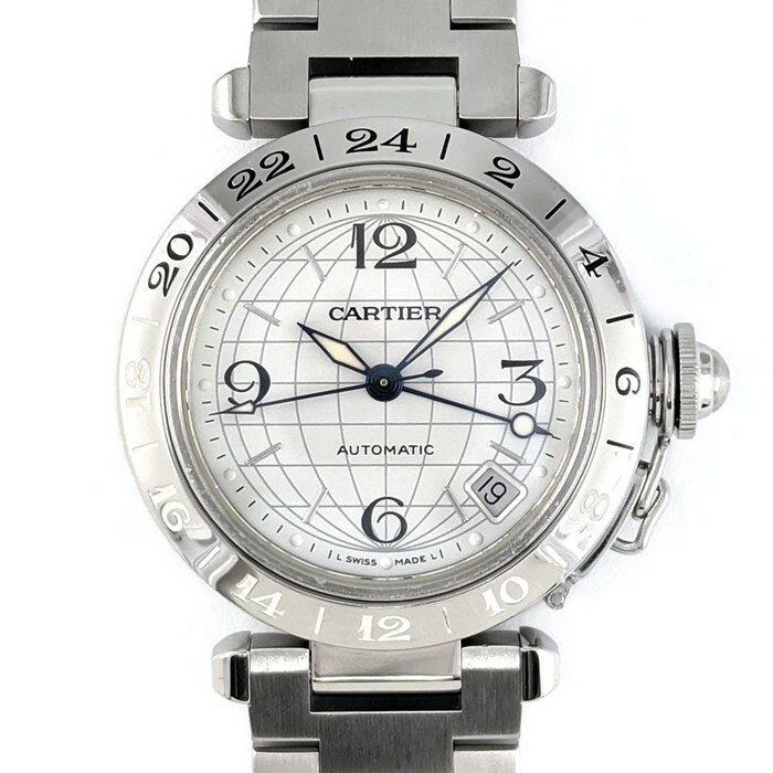 【最大3万円OFFクーポン配布中】 カルティエ Cartier 腕時計 パシャC メリディアン W31078M7 GMT デイト 夜光インデックス 夜光針 グリッド シルバー文字盤 SS 自動巻き 【中古】