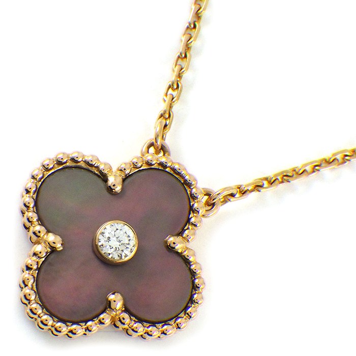 【レビュー1000件記念★対象品3％OFF】 ヴァンクリーフ＆アーペル Van Cleef & Arpels ネックレス ヴィンテージアルハンブラ 2014年ホリデーコレクション クリスマス限定モデル 1ポイント ダイヤモンド グレー シェル K18PG 【中古】