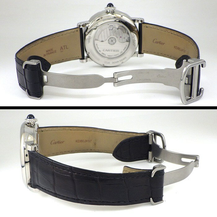 【最大1万円OFF★スプリングセール】 カルティエ Cartier 腕時計 ロトンド グランドデイト レトログラード W1556368 シルバー文字盤 ローマンインデックス デュアルタイム表示 デイ・ナイト表示 クロコダイルレザーベルト SS 自動巻き 【中古】