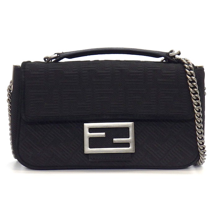 乐天商城 - 【最大1万円OFFクーポン配布中&10日限定★ポイント3倍】 フェンディ FENDI ショルダーバッグ バゲット チェーン ミディ 8BR793 AHW5 F1F2E ブラック FF キャンバス レザー シルバー金具 【中古】