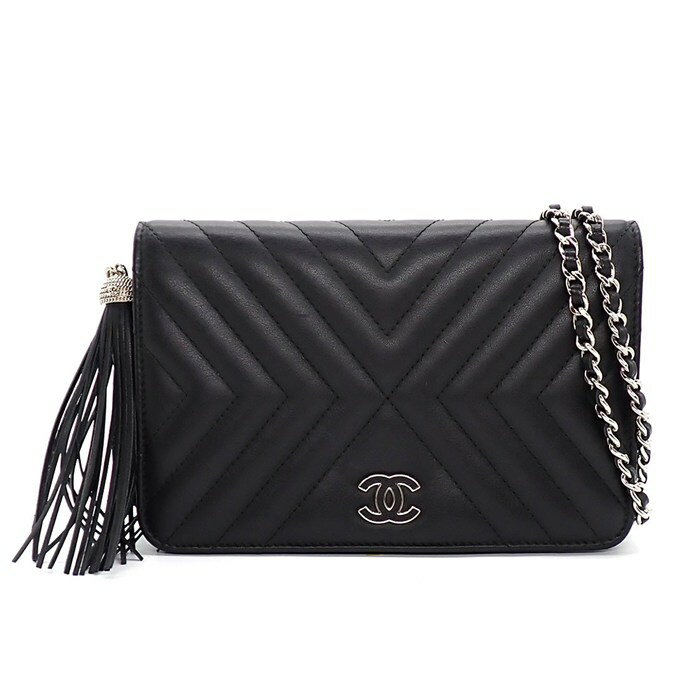 乐天商城 - シャネル CHANEL ショルダーバッグ シェブロン チェーンウォレット A70230 2018年製 Vステッチ ブラック カーフスキン 【中古】