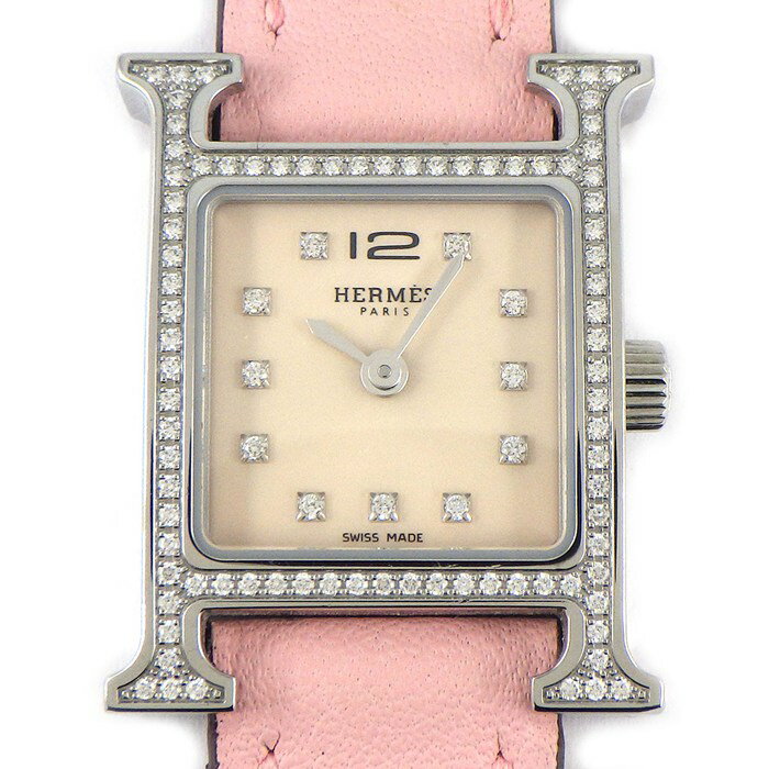【レビュー1000件記念★対象品3％OFF&15日限定P3倍】 エルメス HERMES 腕時計 Hウォッチ ミニ HH1.131 ダイヤベゼル/11PDインデックス スクエア ピンク文字盤 牛革ベルト SS クオーツアナログ 【箱・保付き】 【中古】