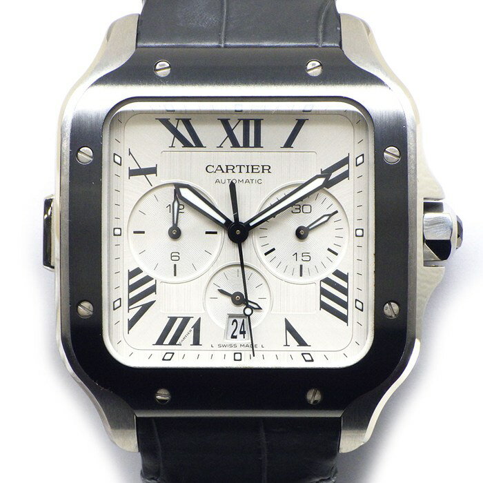 【最大3万円OFFクーポン配布中】 カルティエ Cartier 腕時計 サントス XL WSSA0017 スクエア シルバー文字盤 ローマンインデックス デイト クロノグラフ アリゲーターレザーベルト SS 自動巻き 【中古】