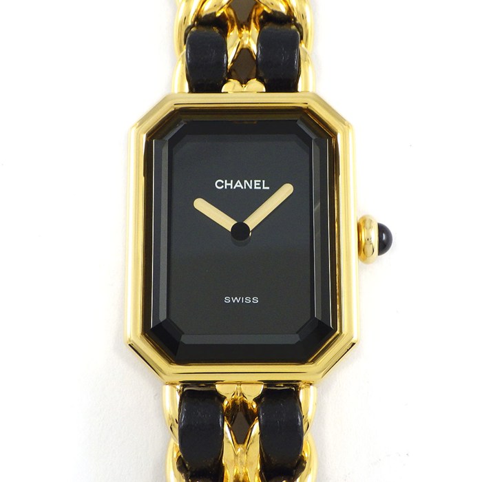 シャネル CHANEL 腕時計 プルミエール L H0001 オクタゴナル ブラック文字盤 チェーンブレス GP ブラックレザー クオーツアナログ 【中古】