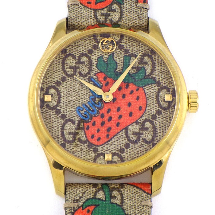 【最大3万円OFFクーポン配布中★15日限定P3倍】 グッチ GUCCI 腕時計 Gタイムレス 126.4 ベージュ GGスプリーム ストロベリー柄 ファブリック文字盤 GP SS ファブリック/レザーベルト クオーツアナログ 【中古】