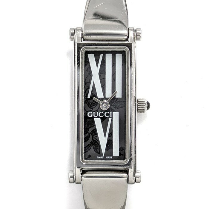 グッチ GUCCI 腕時計 バングルウォッチ 1500L レクタンギュラー 花柄 ローマンインデックス ブラック文字盤 SS クオーツアナログ 【中古】