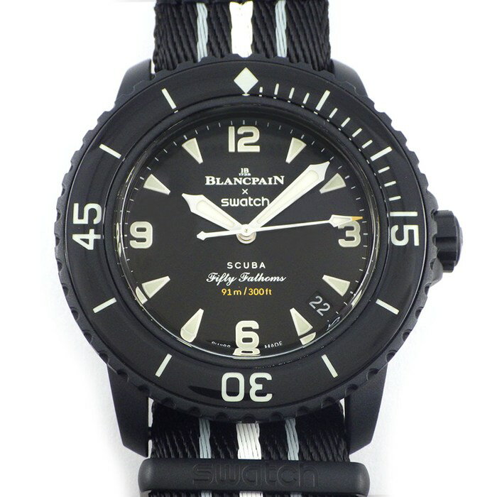 【最大3万円OFFクーポン配布中】 ブランパン × スウォッチ Blancpain × Swatch 腕時計 フィフティファゾムス オーシャンオブストーム SO35B400 ブラック文字盤 デイト 裏スケ バイオセラミック ナイロンベルト 自動巻き 【箱・保付き】