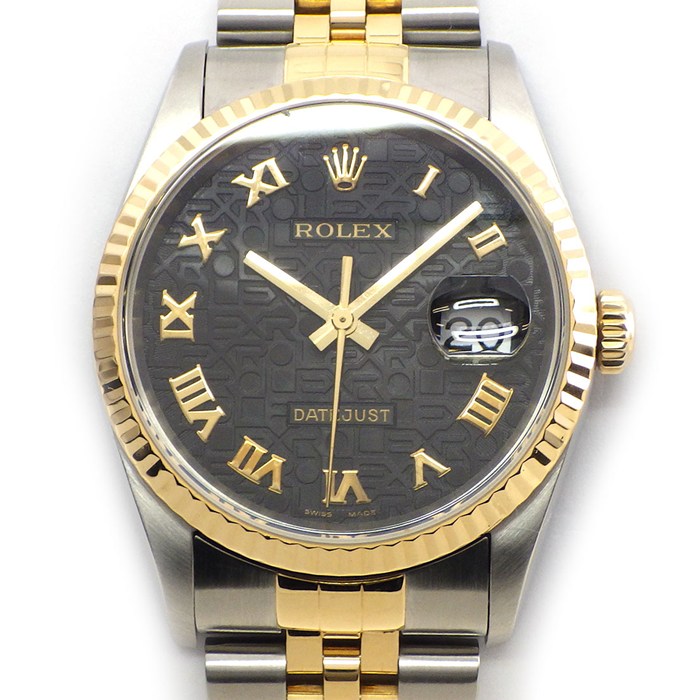 【最大3万円OFFクーポン配布中】 ロレックス Rolex 腕時計 デイトジャスト 16233 P番 2000年製 ブラック コンピューター文字盤 彫コン ローマンインデックス デイト K18YG SS 自動巻き 【中古】