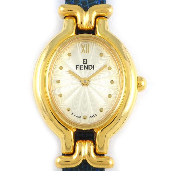 【レビュー1000件記念★対象品3％OFF】 フェンディ FENDI 腕時計 カメレオン チェンジベルト 640L オーバル シルバーギョーシェ文字盤 ブルー リザードレザーベルト GP クオーツアナログ 【中古】