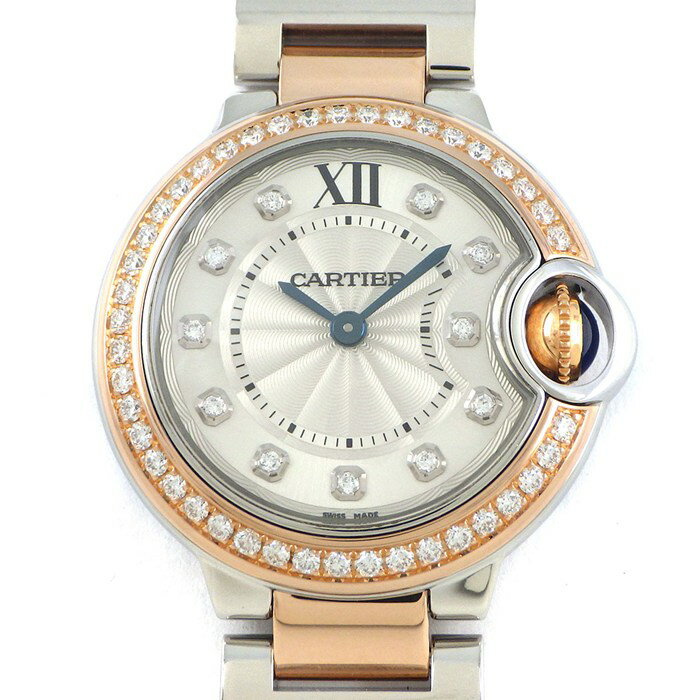 【最大3万円OFFクーポン配布中】 カルティエ Cartier 腕時計 バロンブルー W3BB0009 ダイヤベゼル 11ポイント ダイヤインデックス シルバーギョーシェ文字盤 K18PG SS クオーツアナログ 【中古】