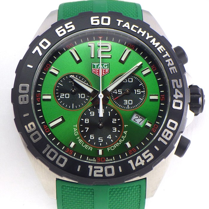 【レビュー1000件記念★対象品3％OFF】 タグ・ホイヤー TAG Heuer 腕時計 フォーミュラ1 クロノグラフ CAZ101AP.FT8056 デイト タキメーター スモールセコンド サンレイ グリーン文字盤 SS グリーンラバーベルト クオーツアナログ 【箱・保付き】 【中古】