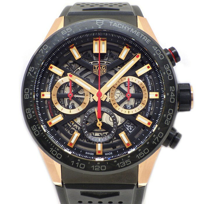 【レビュー1000件記念★対象品3％OFF】 タグ・ホイヤー TAG Heuer 腕時計 カレラキャリバーホイヤー02 CBG2052.FT6143 世界350本限定モデル スケルトン ブラック文字盤 デイト クロノグラフ 裏スケ ラバーベルト SS K18PG 自動巻き 【箱・保付き】 【中古】
