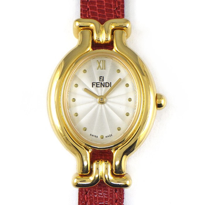 【レビュー1000件記念★対象品3％OFF】 フェンディ FENDI 腕時計 カメレオン チェンジベルト 640L マルチカラーストラップ 全5色 オーバル シルバー ギョーシェ文字盤 GP レザーベルト クオーツアナログ 【中古】