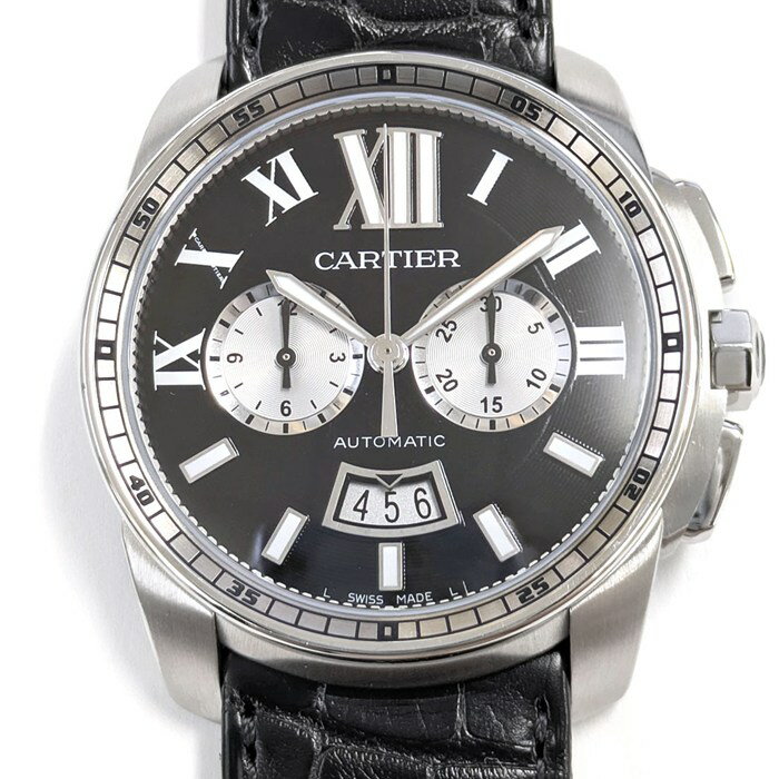 【20日限定★ポイント3倍】 カルティエ Cartier 腕時計 カリブル W7100060 デイト クロノグラフ 裏スケ 夜光針 ブラック文字盤 SS ブラック アリゲーターレザーベルト 自動巻き 【中古】