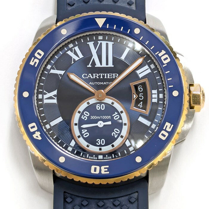 【レビュー1000件記念★対象品3％OFF】 カルティエ Cartier 腕時計 カリブル ダイバー W2CA0008 デイト スモールセコンド 夜光インデックス 夜光針 ローマンインデックス サンレイ ブルー文字盤 SS K18PG ブルーラバーベルト 自動巻き 【中古】