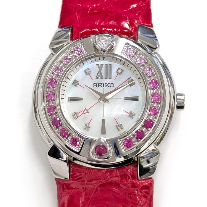 セイコー SEIKO 腕時計 エム SRXJ033/4J45-0AE1 ダイヤ/ピンクサファイアベゼル ダイヤインデックス ホワイトシェル文字盤 SS レッド レザーベルト クオーツアナログ 【箱・保付き】 【中古】