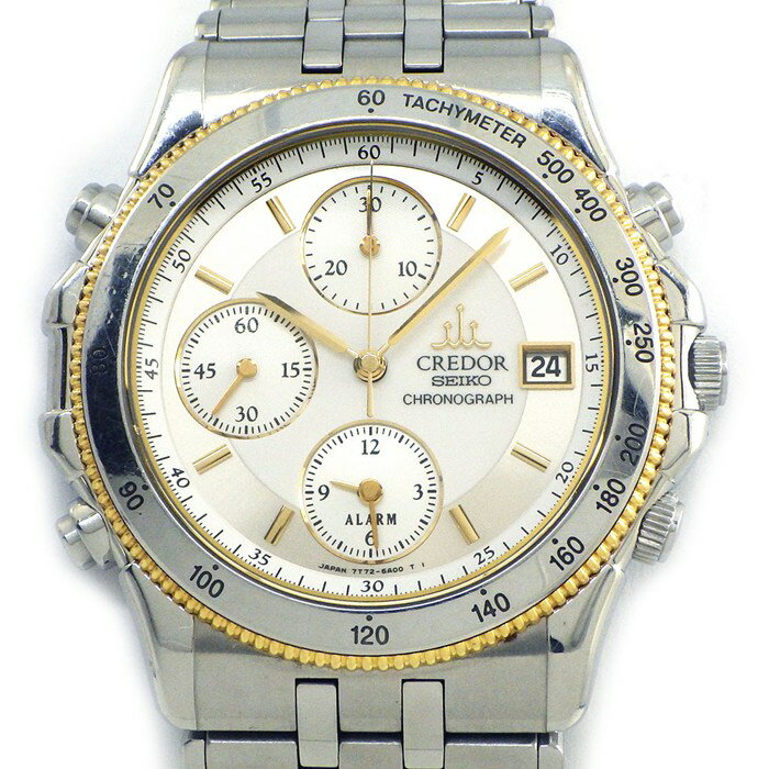 セイコー SEIKO 腕時計 クレドール パシフィーク 7T72-6A00 ホワイト文字盤 デイト クロノグラフ スモールセコンド ワンタイムアラーム K18YG SS クオーツアナログ 【中古】