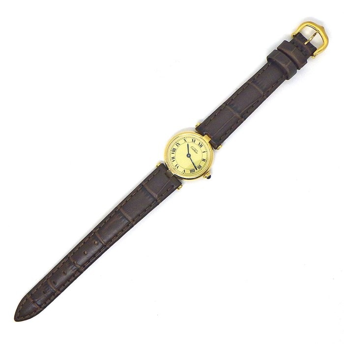 【最大1万円OFF★スプリングセール】 カルティエ Cartier 腕時計 マスト ヴァンドーム SM 590004 ヴェルメイユ ローマンインデックス アイボリー文字盤 GP SV925 ダークブラウン カーフレザーベルト クオーツアナログ 【中古】