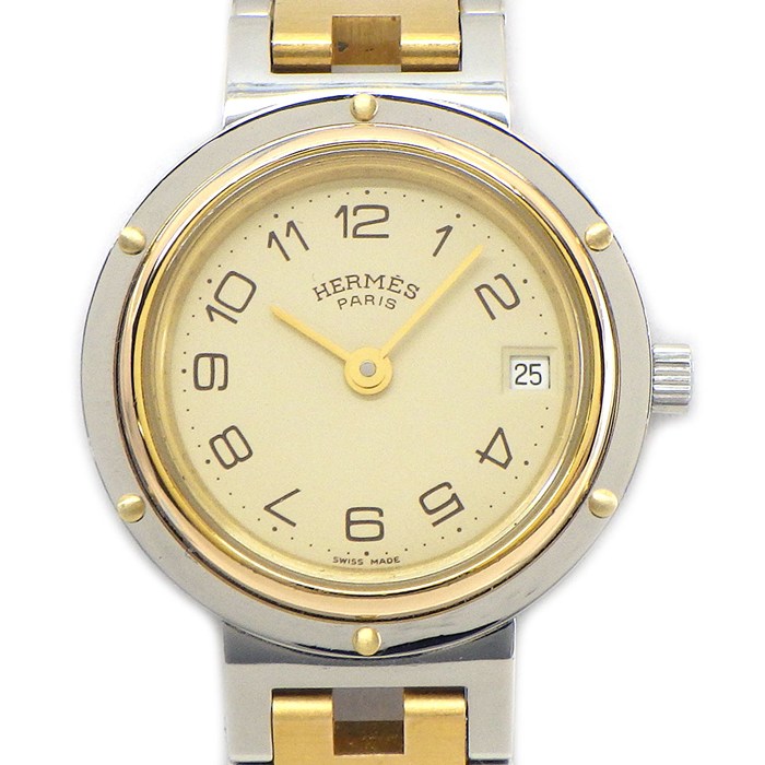 エルメス HERMES 腕時計 クリッパー CL4.220 アイボリー文字盤 デイト GP SS クオーツアナログ 【中古】