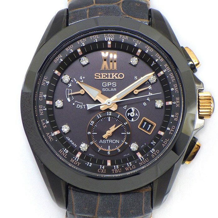 【25日限定★ポイント3倍】 セイコー SEIKO 腕時計 アストロン SBXB083 1500本限定モデル デイト ワールドタイム表示 セラミック チタン ダイヤインデックス ダークブラウン文字盤 クロコダイルレザーベルト SS GPSソーラー 【中古】