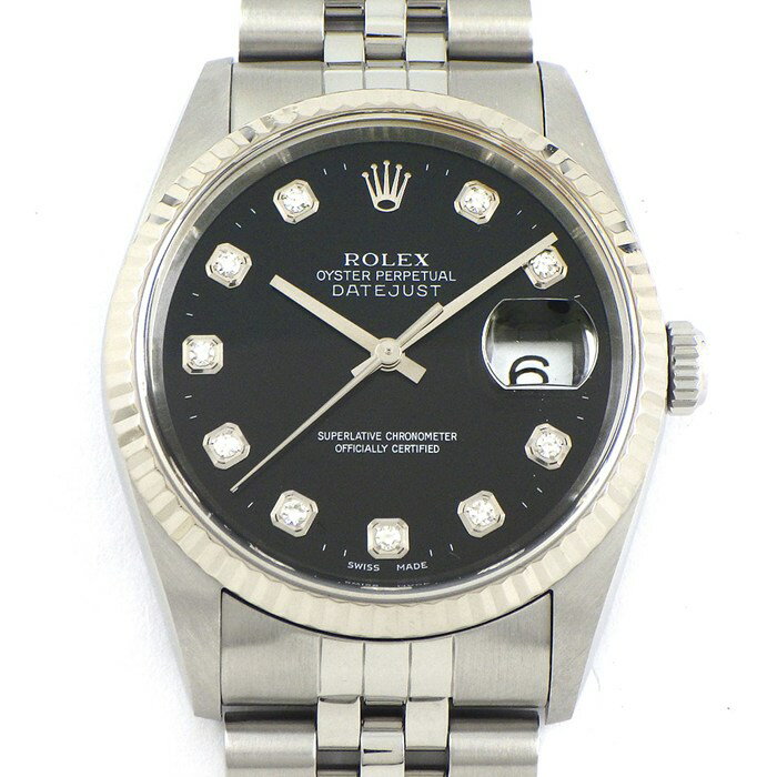 ロレックス Rolex 腕時計 デイトジャスト 16234G P番 2000年製 10ポイント ダイヤインデックス ブラック文字盤 フルーテッドベゼル ジュビリーブレス K18WG SS 自動巻き 【OH済み】 【箱・保付き】 【中古】