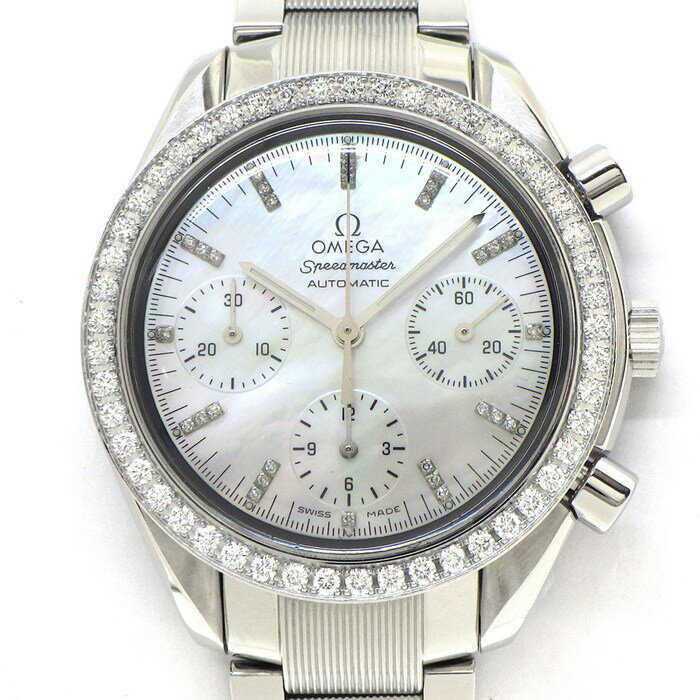 オメガ OMEGA 腕時計 スピードマスター 3535.77.00 クロノグラフ スモールセコンド 夜光針 30ポイント ダイヤインデックス 49ポイント ダイヤベゼル ホワイトシェル文字盤 SS 自動巻き 【OH済み】 【中古】