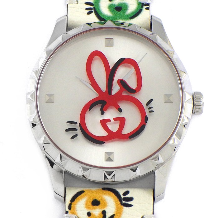 グッチ GUCCI 腕時計 Gタイムレス YA1264204 卯年カプセルコレクション サンレイ シルバー文字盤 SS マルチカラー 兎柄 レザーベルト クオーツアナログ 【中古】