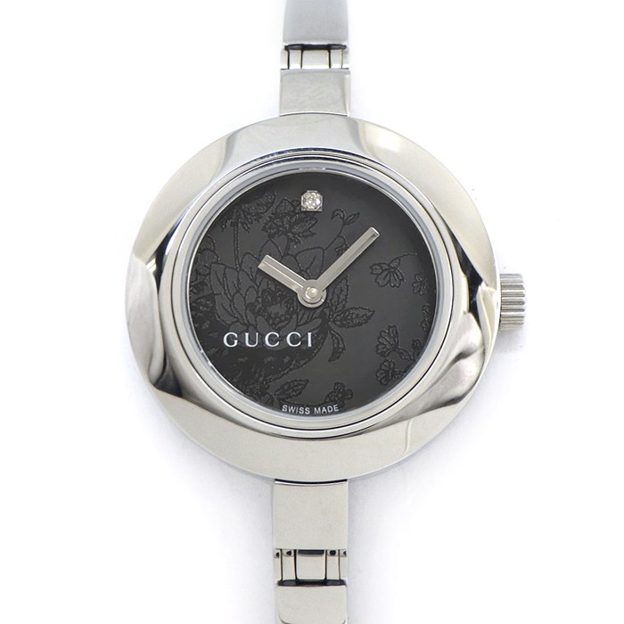 グッチ GUCCI 腕時計 バングルウォッチ 105 1ポイント ダイヤインデックス 花柄 ブラック文字盤 SS クオーツアナログ 【中古】