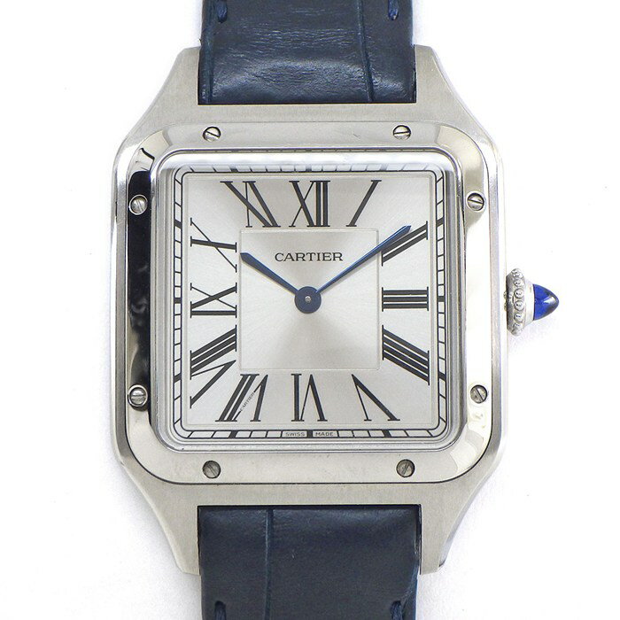 カルティエ Cartier 腕時計 サントス ドュモン LM WSSA0022 スクエア サンレイ シルバー文字盤 SS ネイビーブルー アリゲーター レザーベルト クオーツアナログ 【箱・保付き】 【中古】
