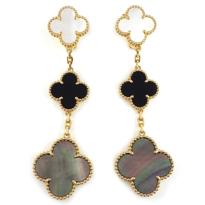 乐天商城 - ヴァンクリーフ＆アーペル Van Cleef & Arpels ピアス マジックアルハンブラ 3モチーフ VCARD79000 スウィング ドロップ オニキス ホワイト/グレー シェル K18YG 【箱・保付き】 【中古】