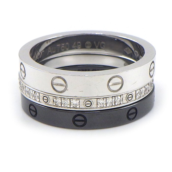 乐天商城 - 【最大1万円OFFクーポン配布中&10日限定★ポイント3倍】 カルティエ Cartier リング ラブ スリーフープ ダイヤモンド ブラック セラミック K18WG 8.5号 / #49 【箱・保付き】 【中古】