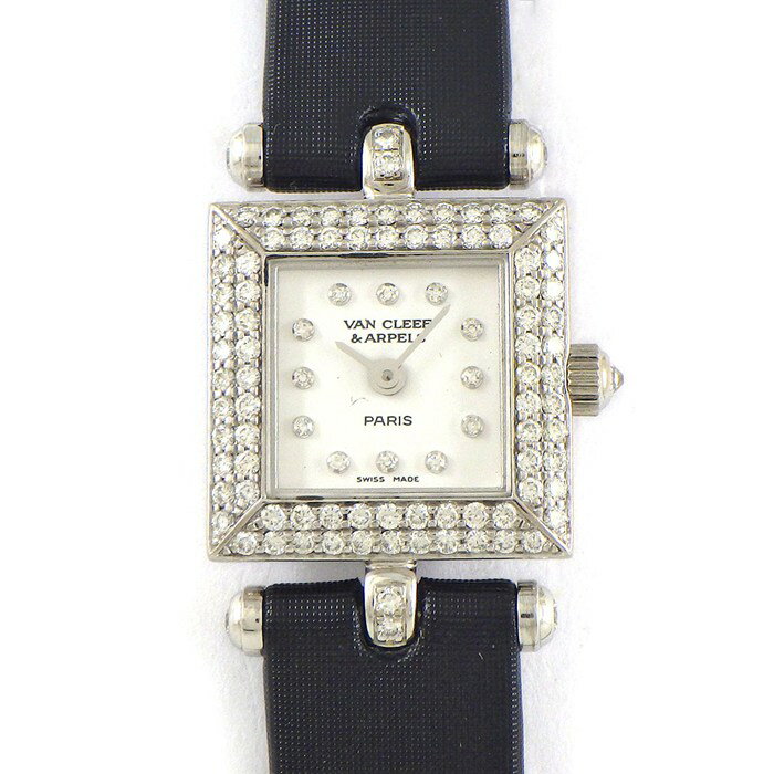 【15日限定★ポイント3倍】 ヴァンクリーフ＆アーペル Van Cleef & Arpels 腕時計 ファンタジーカレ 322945B2 ダイヤベゼル/インデックス/ラグ スクエア ホワイト文字盤 K18WG ブラックサテン/レザーベルト クオーツアナログ 【中古】