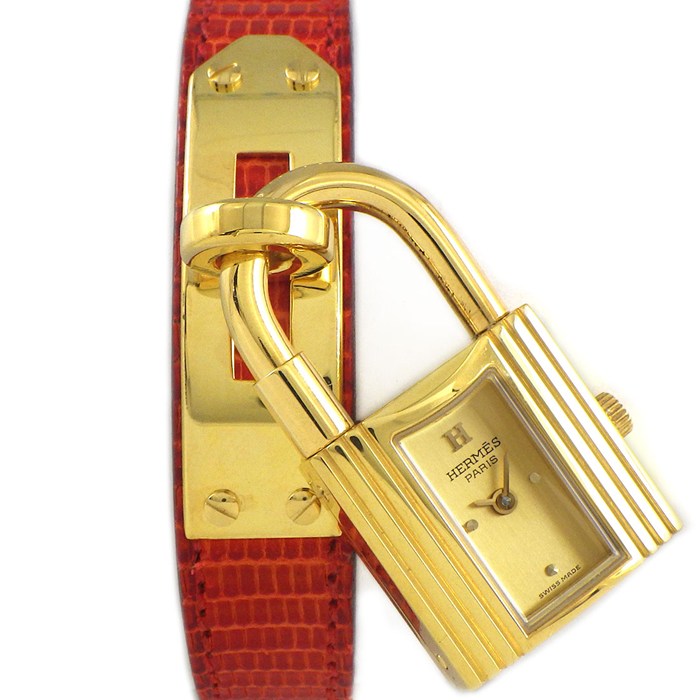 エルメス HERMES 腕時計 ケリーウォッチ KE1.201 カデナ ロックモチーフ レクタンギュラー シャンパンゴールド文字盤 レッド リザードレザーベルト GP クオーツアナログ 【中古】