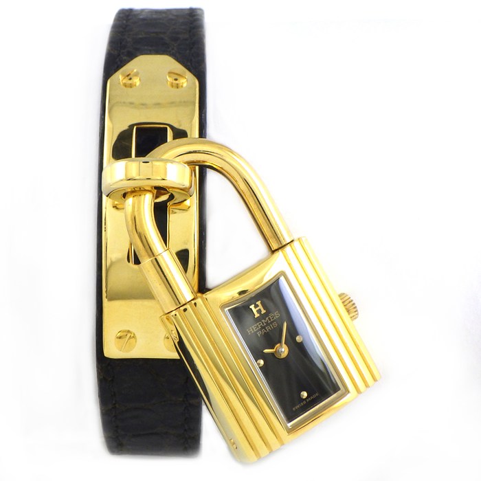 エルメス HERMES 腕時計 ケリーウォッチ KE1.201 カデナ ロックモチーフ レクタンギュラー ブラック文字盤 GP ブラック クロコダイルレザーベルト クオーツアナログ 【中古】