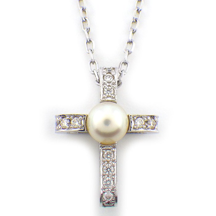 乐天商城 - 【最大1万円OFFクーポン配布中】 ミキモト MIKIMOTO ネックレス クロス 1ポイント パール 4.5mm珠 ダイヤモンド K18WG 【中古】