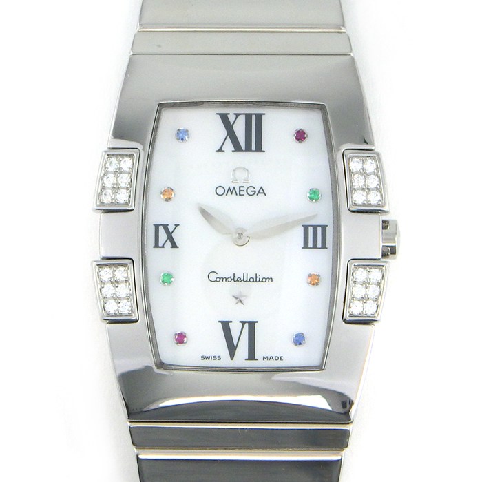オメガ OMEGA 腕時計 コンステレーション クアドレラ 1586.79.00 マルチカラーストーンインデックス ダイヤベゼル トノー ホワイトシェル文字盤 SS クオーツアナログ 【中古】