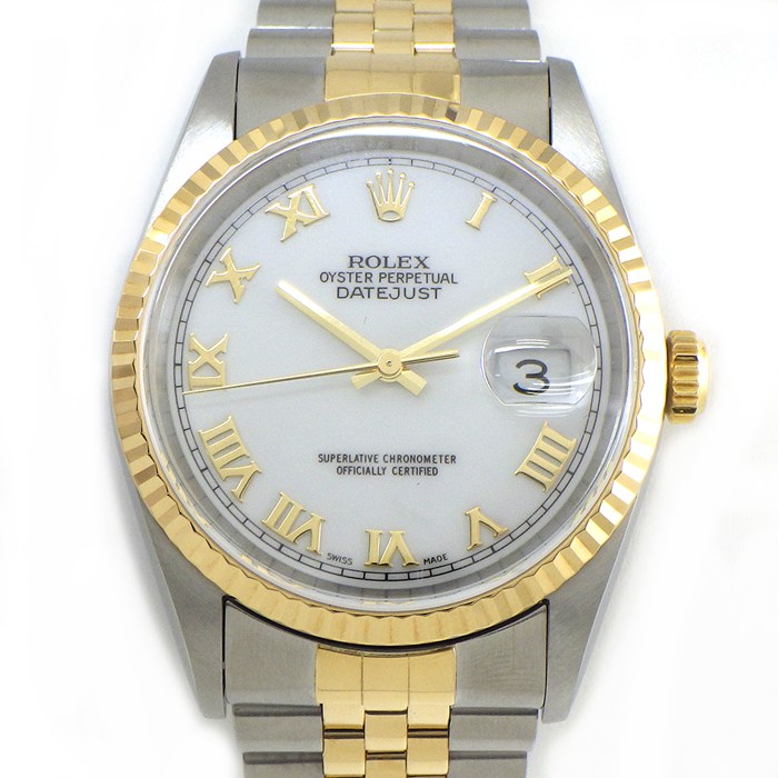 ロレックス Rolex 腕時計 デイトジャスト 16233 P番 2000年製 デイト ホワイト文字盤 ローマンインデックス フルーテッドベゼル ジュビリーブレス K18YG SS 自動巻き 【箱・保付き】 【中古】