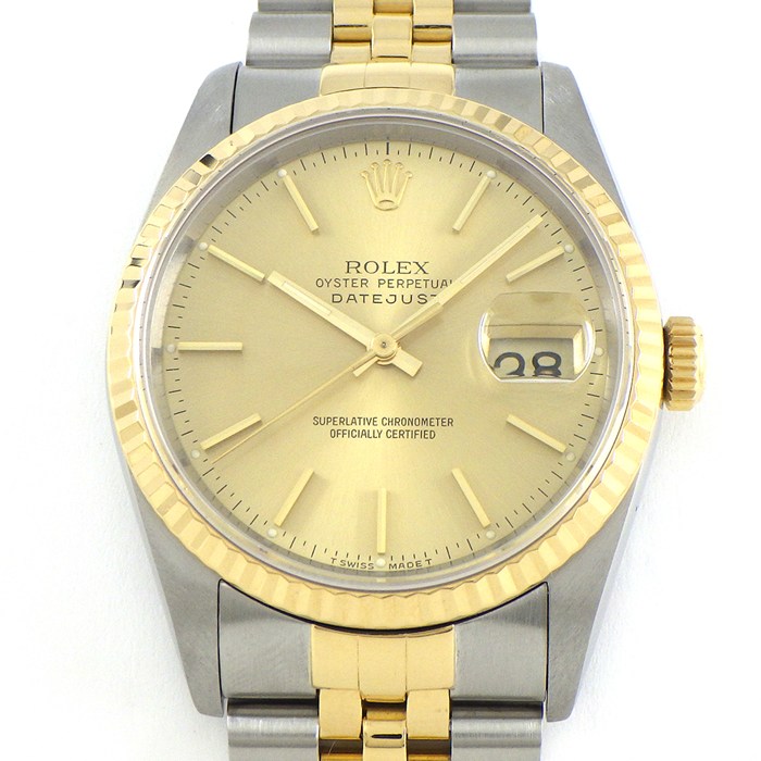 ロレックス Rolex 腕時計 デイトジャスト 16233 X番 1991年製 デイト 夜光針 サンレイ シャンパンカラー文字盤 フルーテッドベゼル ジュビリーブレス K18YG SS 自動巻き 【中古】