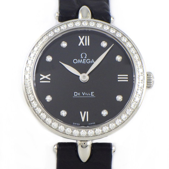 乐天商城 - オメガ OMEGA 腕時計 デ・ヴィル プレステージ デュードロップ 424.18.27.60.51.001 ダイヤベゼル 8ポイント ダイヤインデックス ブラック 文字盤 SS ブラック アリゲーターレザーベルト クオーツアナログ 【箱・保付き】 【中古】