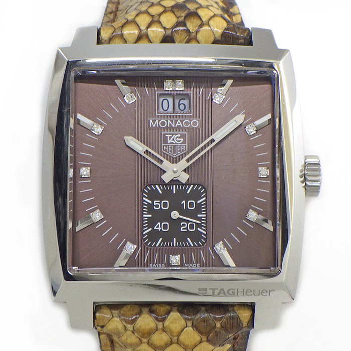 タグ・ホイヤー TAG Heuer 腕時計 モナコ グランドデイト WAW1315.FC6217 デイト 13ポイント ダイヤインデックス スクエア ブラウン文字盤 SS ベージュ/ブラウン パイソンレザーベルト クオーツアナログ 【中古】