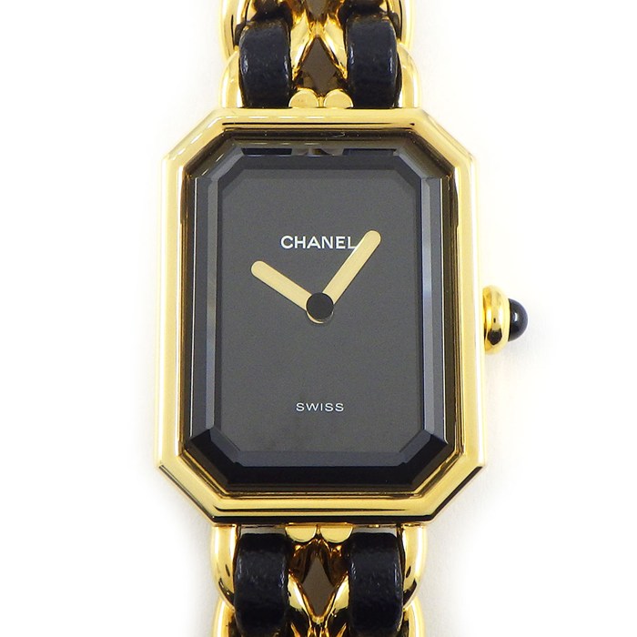 シャネル CHANEL 腕時計 プルミエールM H0001 オクタゴナル ブラック文字盤 チェーンブレス GP ブラック レザーベルト クオーツアナログ 【中古】
